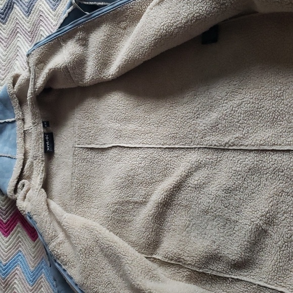 Dusty blue shearling faux leather parka size medium with toggles hooded medium - Picture 7 of 11